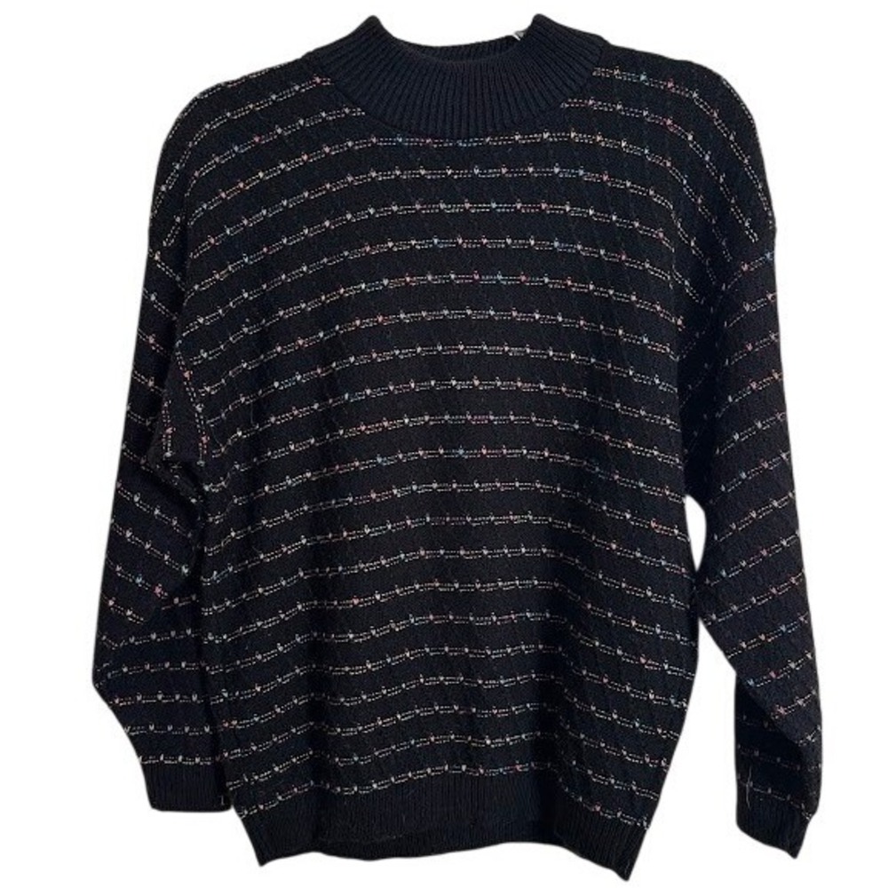 Vintage 80s Rose Made in USA Black Striped Mock Neck Cable Knit Sweater